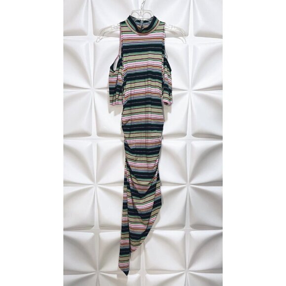 Artelier Nicole Miller Sz S Striped Mock Neck Cold Shoulder Asymmetrical Dress - Picture 6 of 11